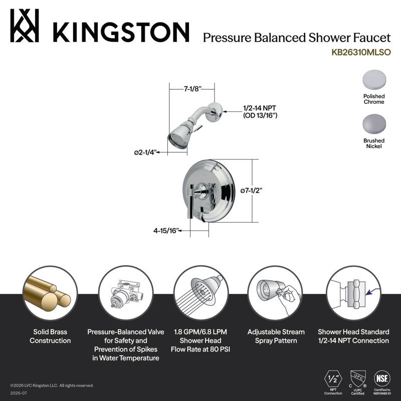 Kingston Brass Single-Handle Pressure Balanced Shower Faucet, Polished Chrome