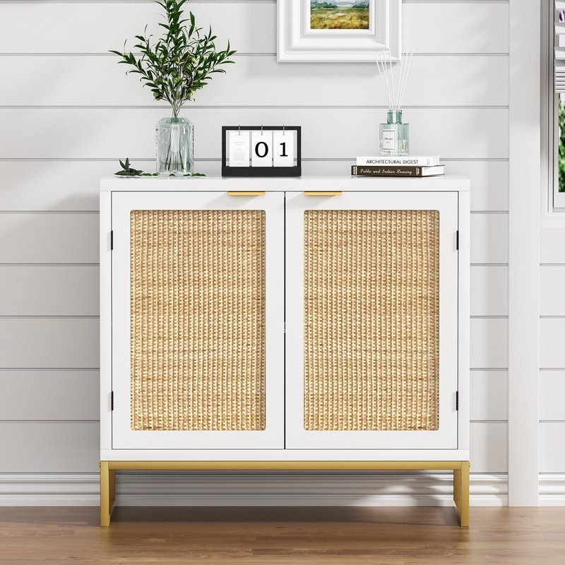 Rattan Cabinet, Sideboard Buffet Storage Cabinet With 2 Doors Kitchen Sideboard Furniture With Natural Rattan, White