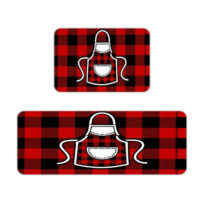 Red Buffalo Plaid Apron Silhouette Home Decor Kitchen Floor Mats 2-Piece Set Red Black