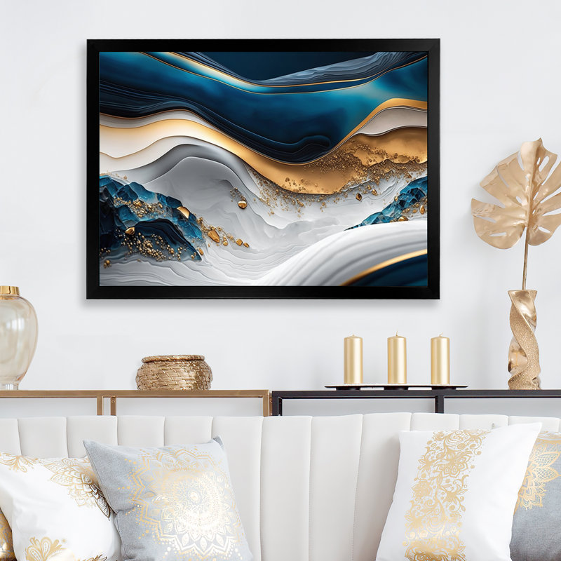 Abstract Geode Waves Blue II - Abstract Wall Art, Black Single Picture Framed, 12" H x 20" W x 1" D
