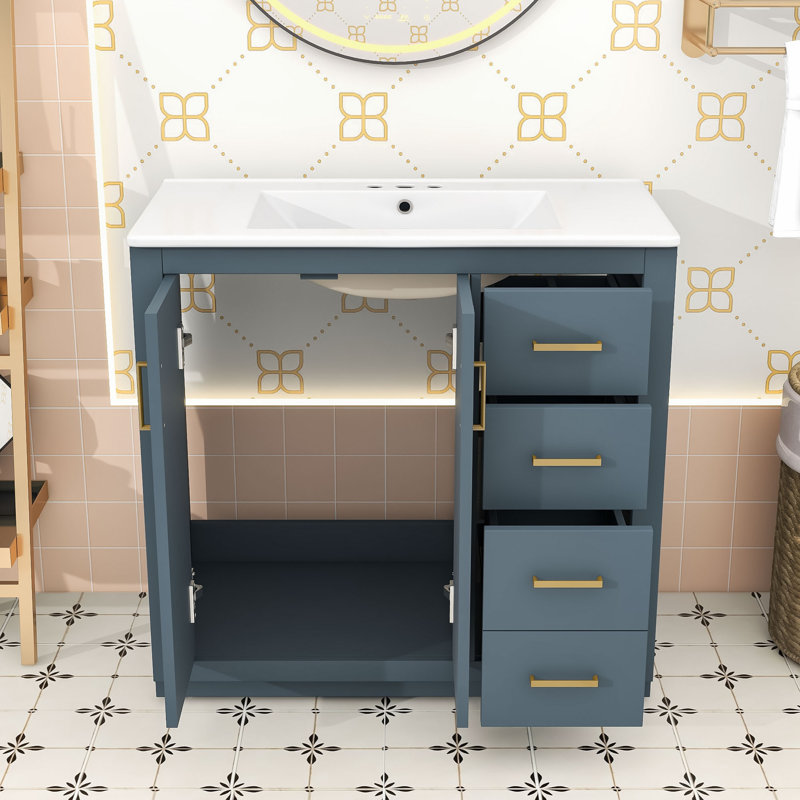 Meuble-lavabo en bois avec lavabo, rangement spacieux, tiroirs à fermeture en douceur, Bleu