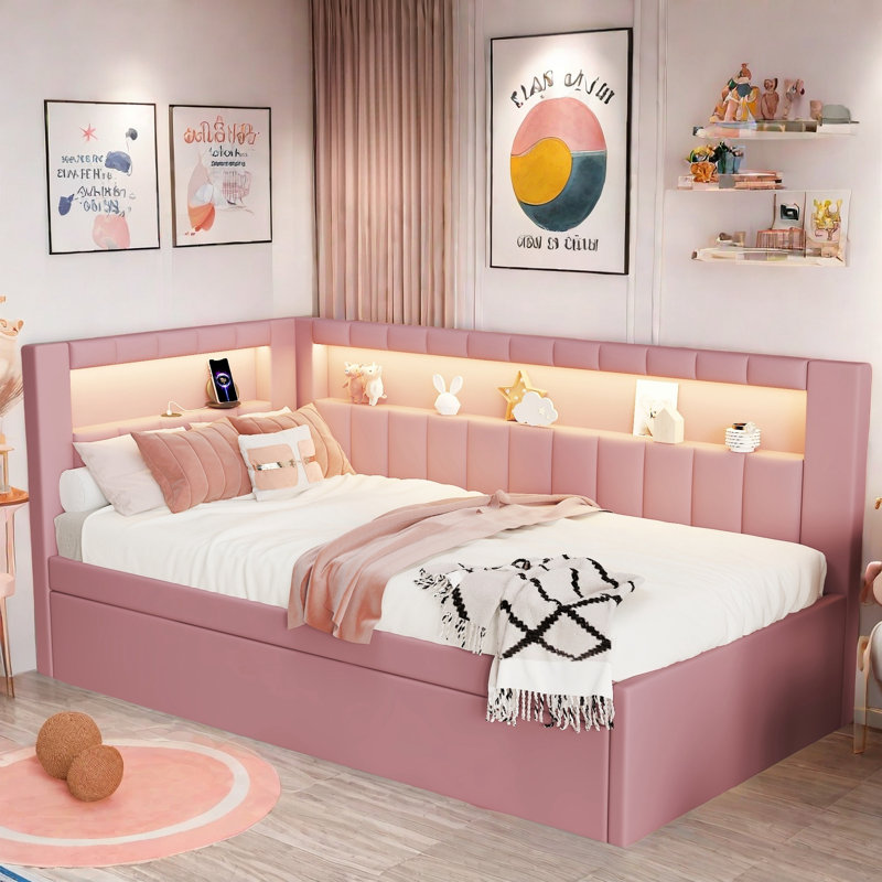 Smera Upholstered Platform Bed with USB Ports, LED Belt and Trundle, Pink