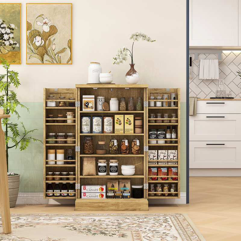 Rangement pour garde-manger de 41 po, armoire, 12 tablettes de porte, 5 tablettes réglables de style naturel pour garde-manger