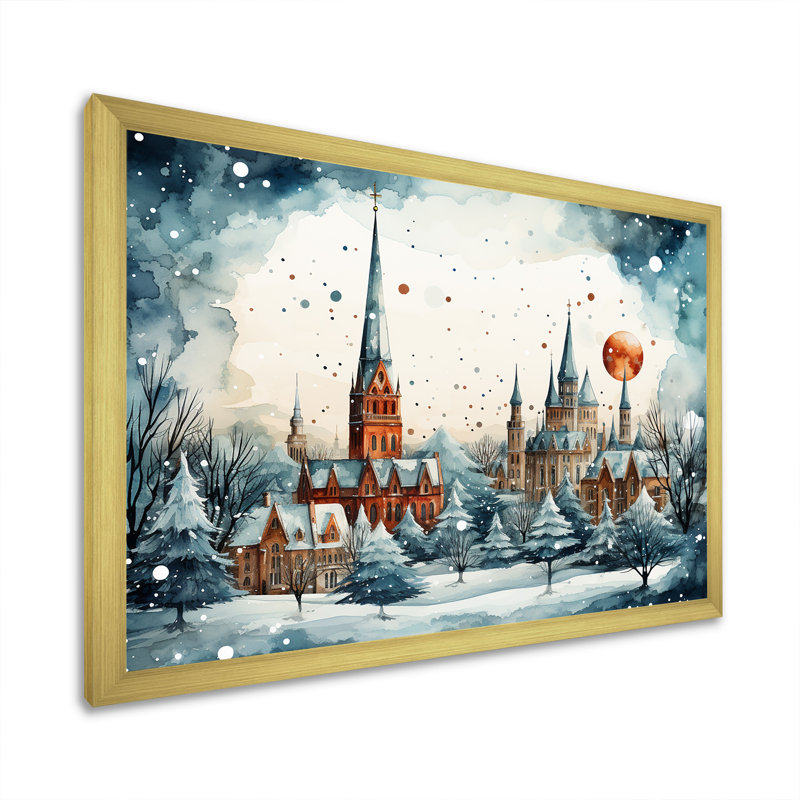 «Christmas Village In Winter II - Winter Landscape», art mural, Cadre doré à coins fermés, H 24 po x l 32 po x P 1 po