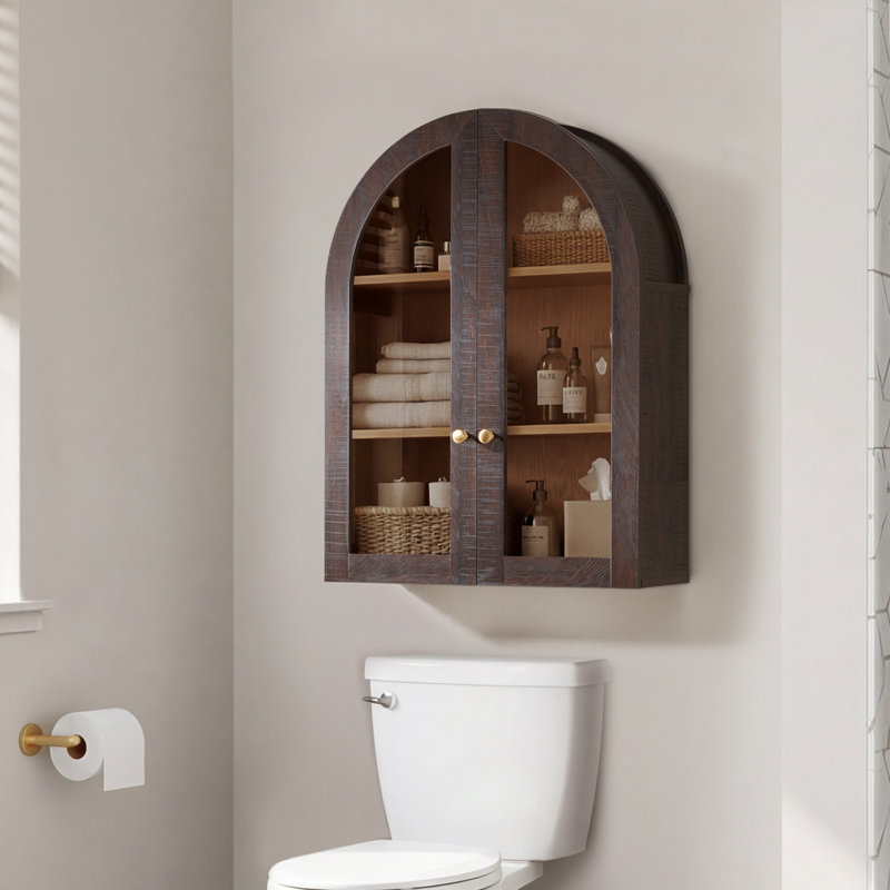 Modern Arched Cabinet Wall Mount With Adjustable Shelf & Glass Doors, Brown, Brown