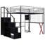 Lit mezzanine double en métal avec poste de travail intégré, garde-robe, escalier de rangement et DEL