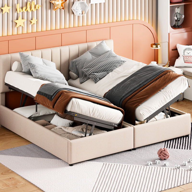 Lit plateforme tapissier très grand beige avec rangement hydraulique de qualité supérieure