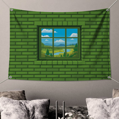 Green Brick Wall Window Wall Tapestry - Landscape Wall Decor
