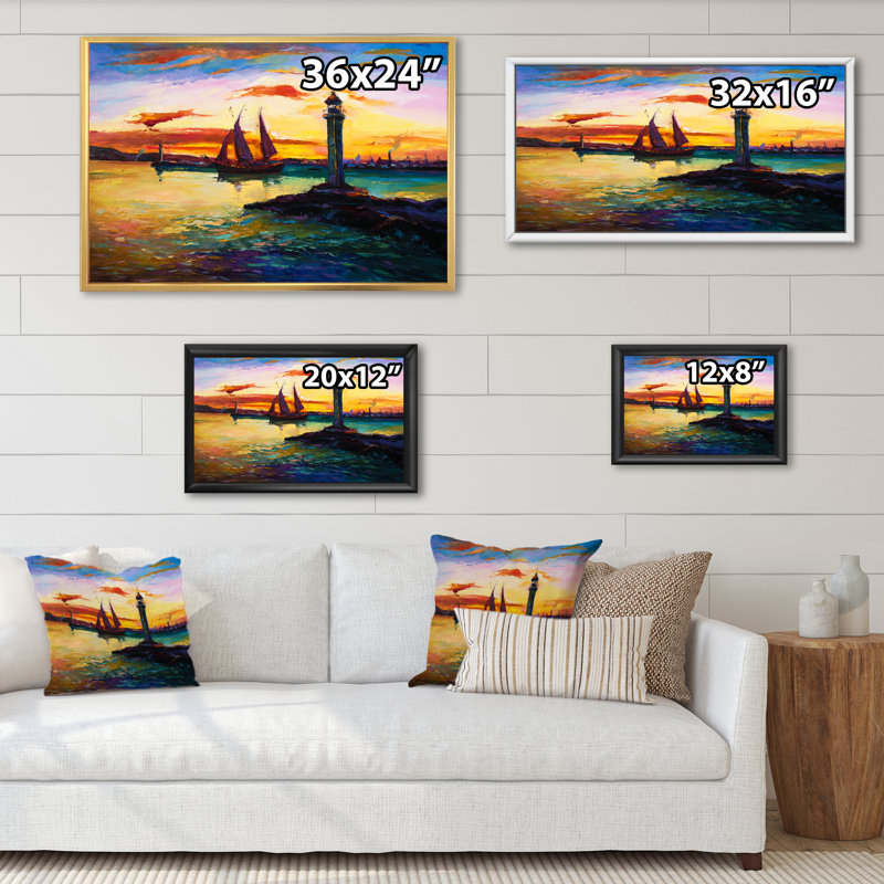 Scène portuaire - reproduction d'art sur toile, H 12 po x l 20 po x P 1 po, Toile avec cadre flottant blanc