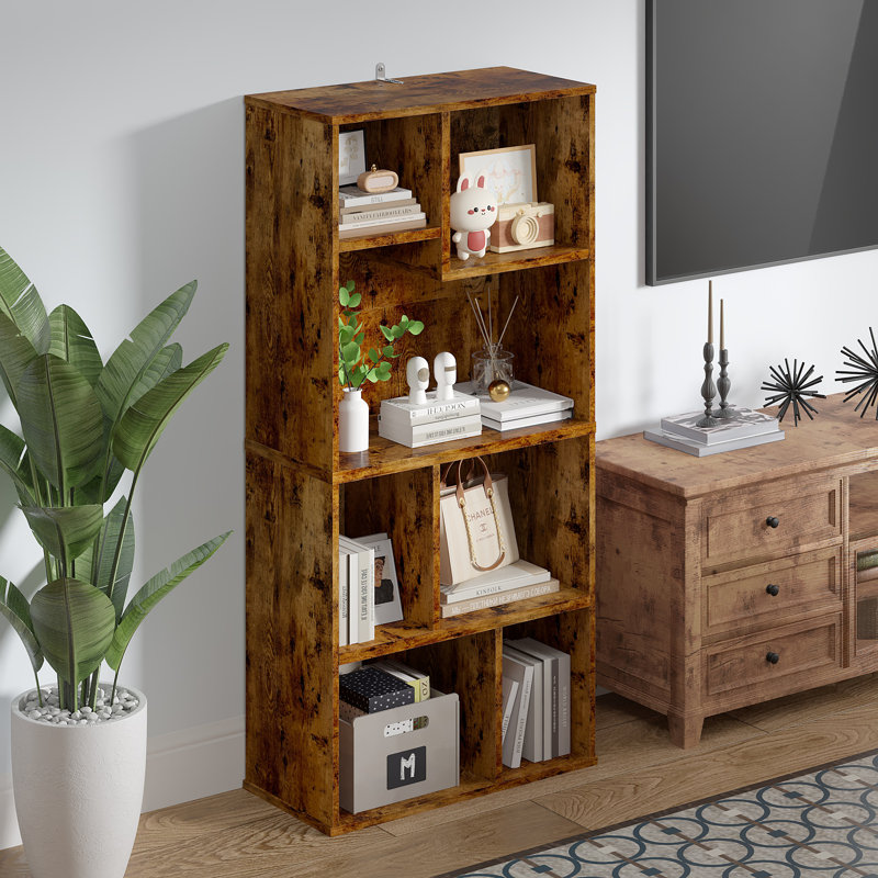 Melgarejo Brown Cubby Bookshelf, 42-Inch Modern 5-Tier Tall Geometric Bookcase, Freestanding Storage Organizer with Multiple Open Shelves, Floor Standing Small Space Display Storage Cabinet for Living Room, Bedroom, or Home Office
