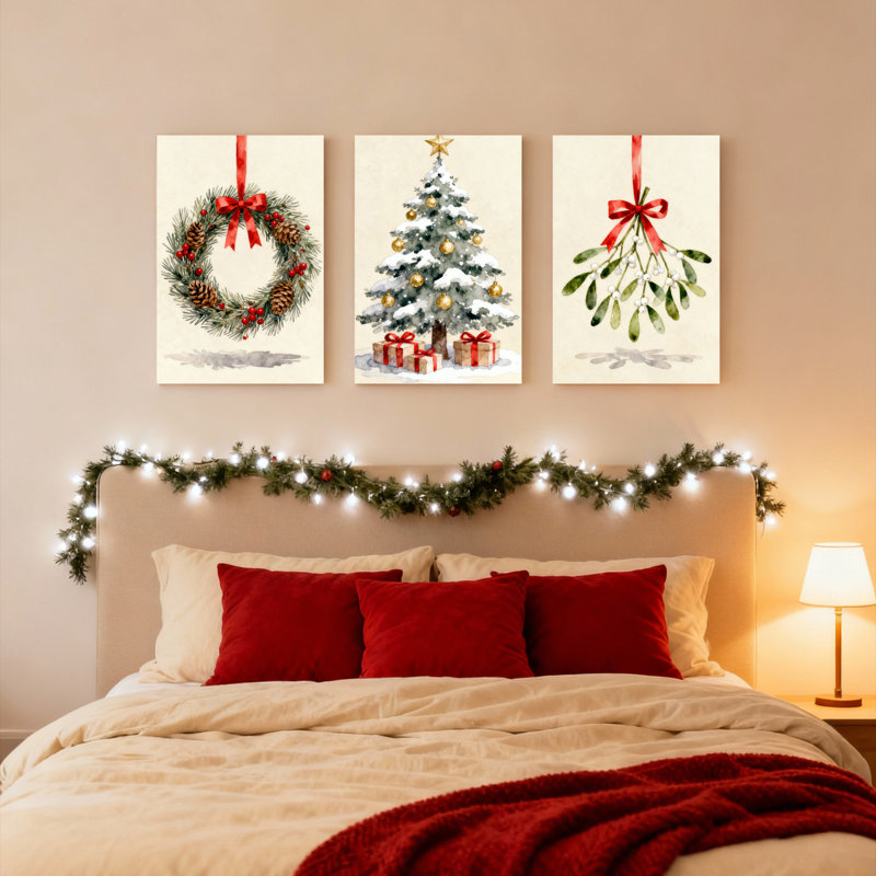 Couronne de Noël, arbre enneigé et gui sur toile, reproduction de style aquarelle (ensemble de 3), H 24 po x l 48 po