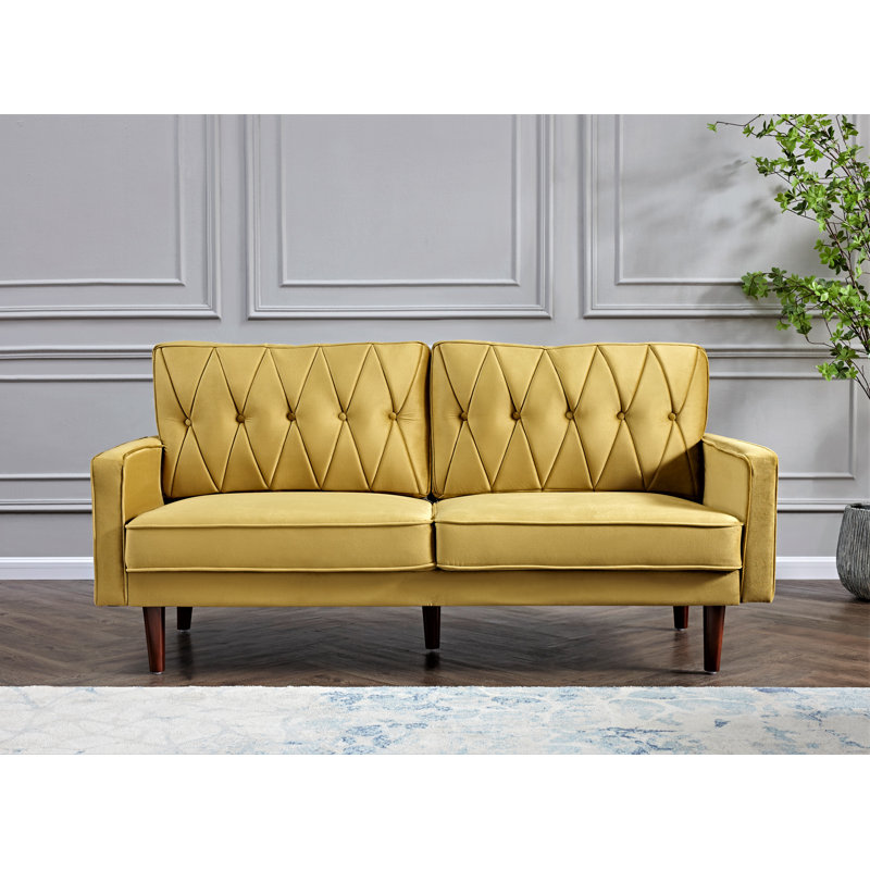 Petit canapé à dossier coussiné en velours, Velours rose, H 31,5 po x l 69,3 po x P 33,5 po