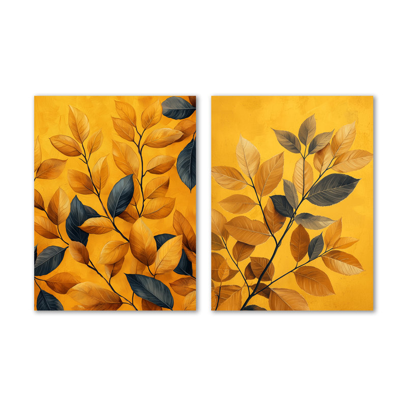 Moutarde, feuilles d'automne, étreinte I - feuillage, art mural en métal 2 pièces, H 32 po x l 48 po