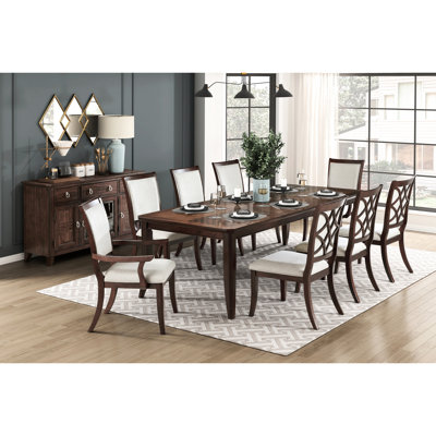 Traditional 9pc Dining Collection With Cherry Finish, Dark Walnut Inlay, Extendable Table For 8, Beige Upholstered Chairs Formal Featuring And