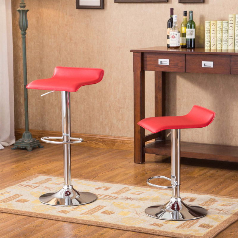 Tabourets pivotants réglables contemporains en chrome avec sièges en similicuir, ensemble de 2, Rouge