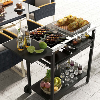Outsunny Outdoor Bar Cart with Stainless Steel Tabletop, Kitchen Island with Wheels, 2 Tiers & Seasoning Shelf, Patio Serving Cart with Hooks, Towel & Garbage Bag Holder, Plates & Spice Jars