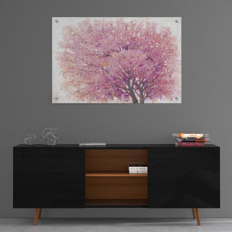 «Pink Cherry Blossom Tree II» par Tim O'Toole, art mural en verre acrylique, H 24 po x l 36 po