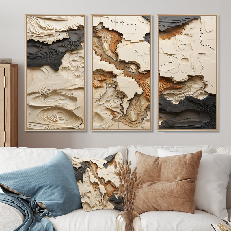 Ensemble de décoration murale beige et brun «African River Collage», H 40 po x l 60 po x P 1 po, Cadre flottant érable