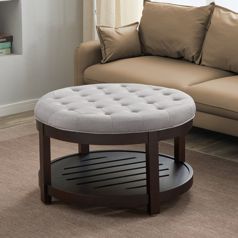 Farmhouse Upholstered Storage Tufted Ottoman with Free Tray, Gray Linen