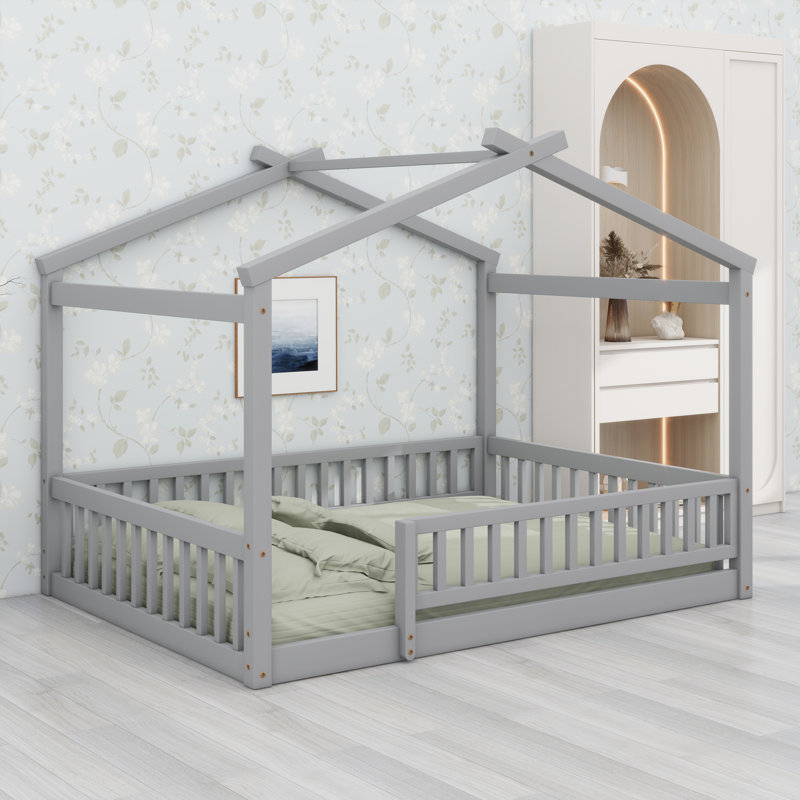 Structure de lit en bois avec clôture de sécurité, Gris