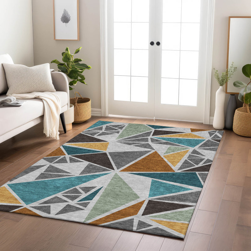 Gray Geometric Machine Washable Synthetic Area Rug 3' x 5'