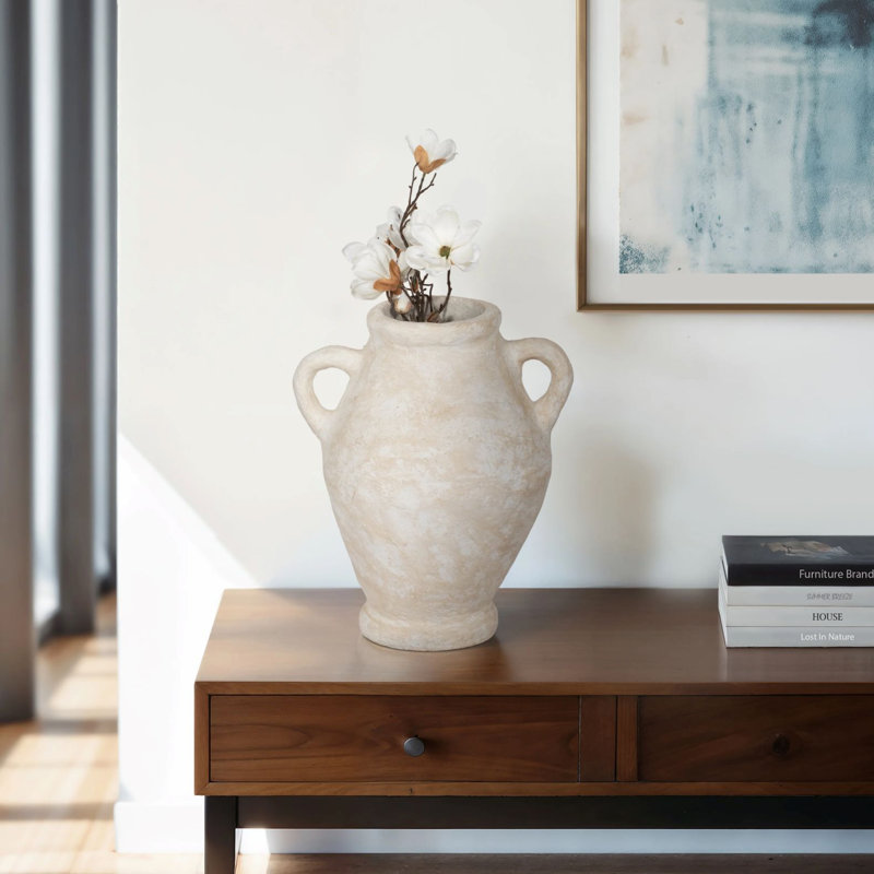 Beesan Decorative Terracotta Vase Handcrafted Amphora-Style with Dual Handles, 24" H x 18" W x 16" D, White