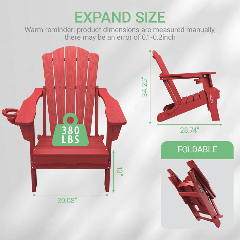 Pakkdiarie Folding Adirondack Chair with Cup Holder,HDPE Outdoor Chair with Comfort Ergonomic Seat for Patios,Lawn,Garden, Backyard Use