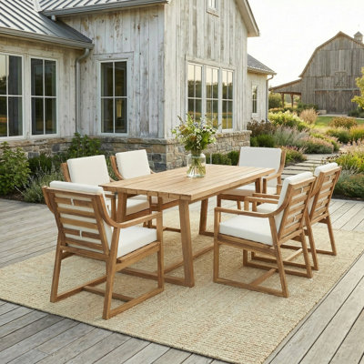Ensemble de salle à manger 7 pièces pour patio moderne, ensemble de table et chaises d'extérieur en bois de teck clair avec coussins beiges doux, mobilier de salle à manger d'extérieur toutes saisons pour patio, cour, jardin et terrasse