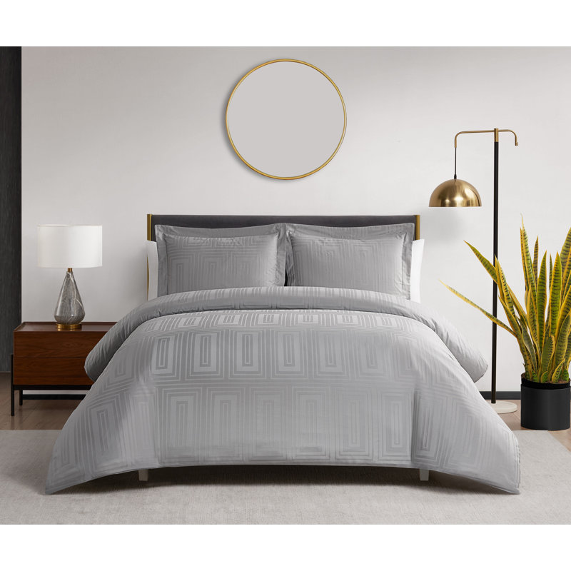 DESIGN STUDIO Cityblocks Silver Grey 3-Piece Cotton Rectangle Jacquard Duvet Set, King Duvet Cover + 2 King Shams