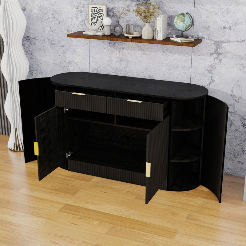 Buffet moderne avec 2 tiroirs, portes incurvées, 3 tablettes et armoire de rangement, Noir
