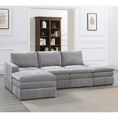 5 Seat Modular Sectional With Grey Suede And Triple Layer Cushion Contemporary 5Pc Pillow Tops
