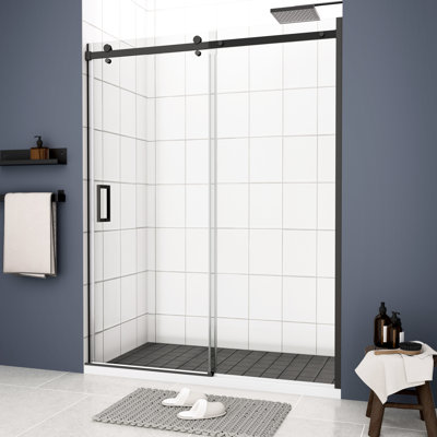 Porte de douche coulissante noire matte - Verre trempé 5/16 po et poignée lisse en acier inoxydable noir