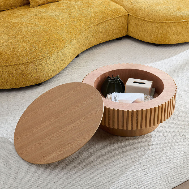 Table basse ronde avec rangement, Bois de frêne naturel