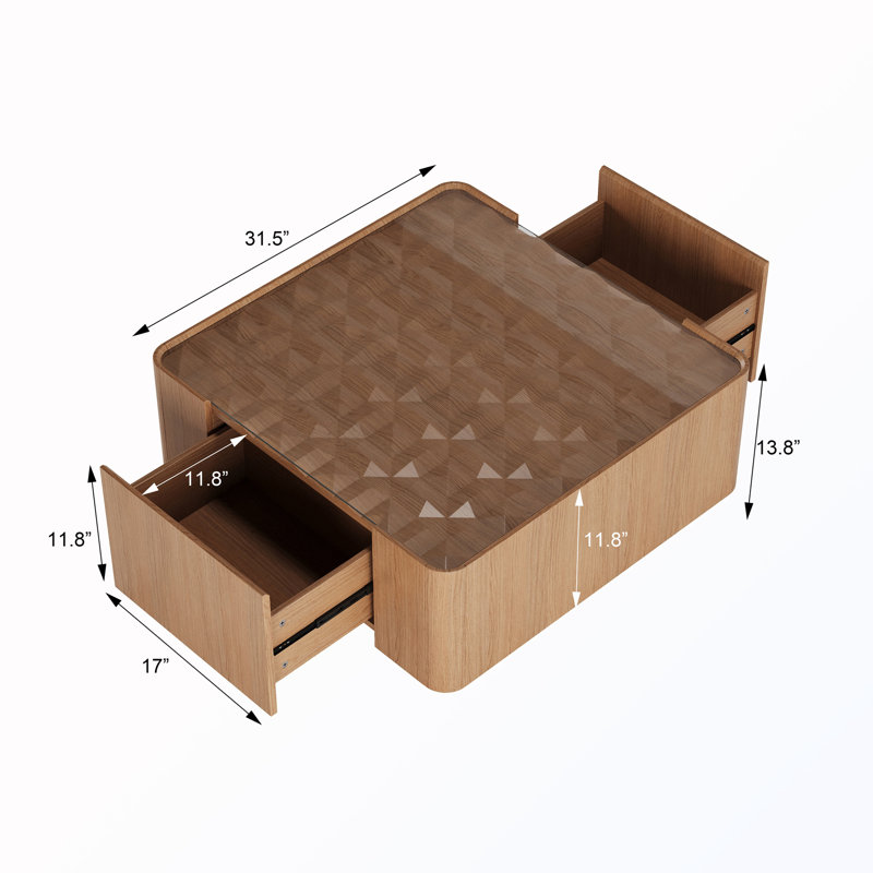 Table basse carrée avec 2 tiroirs et plateau en verre