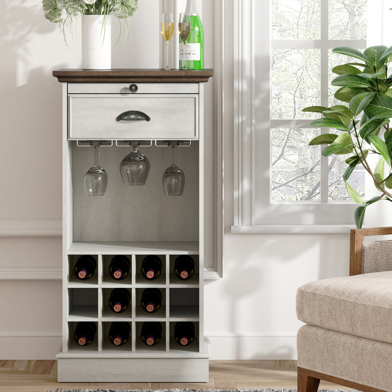 Deliyah 21.97"W x 42"H Freestanding Narrow Bar Cabinet, Liquor Storage with Wine & Glass Rack for Small Spaces, Cut-off White