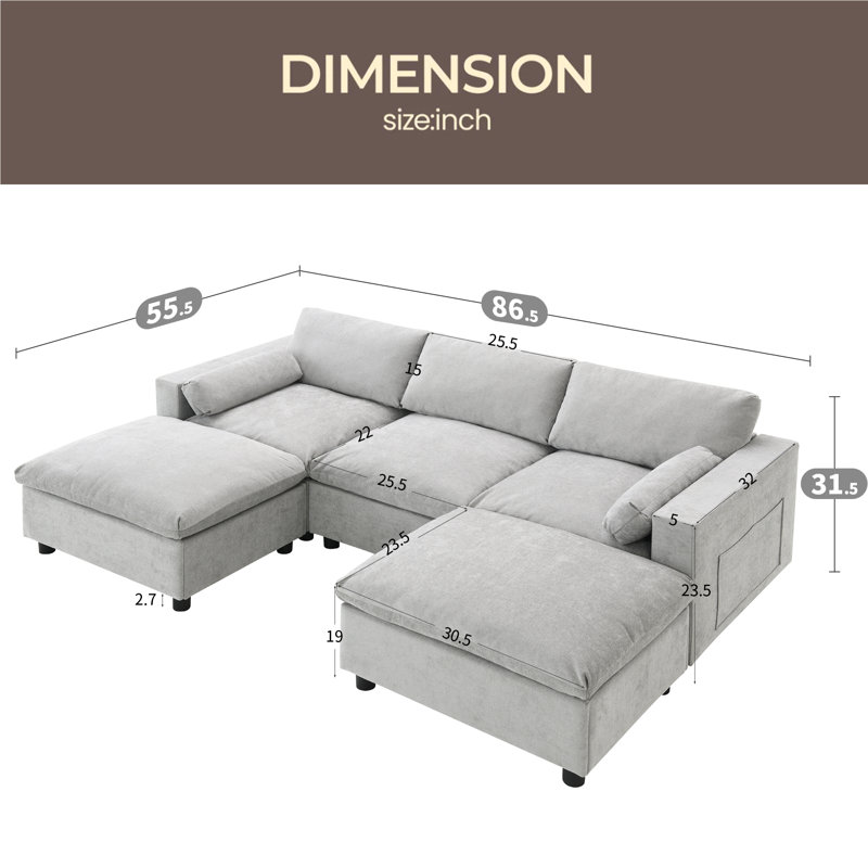 86.5'' Chenille Modular Sectional Sofa With Storage Pockets, 5 Seat U Shaped Couch Set With Pillows,Free Combination,Modern Cloud Sofa With 2 Movable Ottoman For Living Room,Apartment