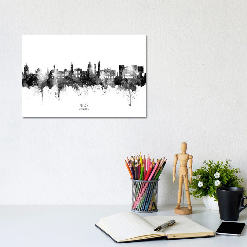 Nice France Skyline Name Bw by Michael Tompsett - Wrapped Canvas Gallery-Wrapped Canvas Giclée, 20.32 cm H x 30.48 cm W