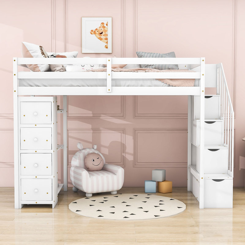 Henoch Twin Size Wood Loft Bed With 4 Drawers,Shelves And Stairs, White