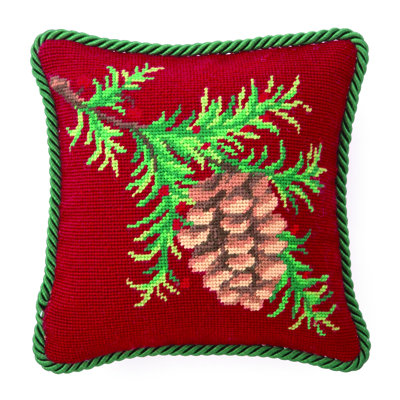 Balsam and PInecone Needlepoint Holiday Petite Size Throw Pillow - 10" Square