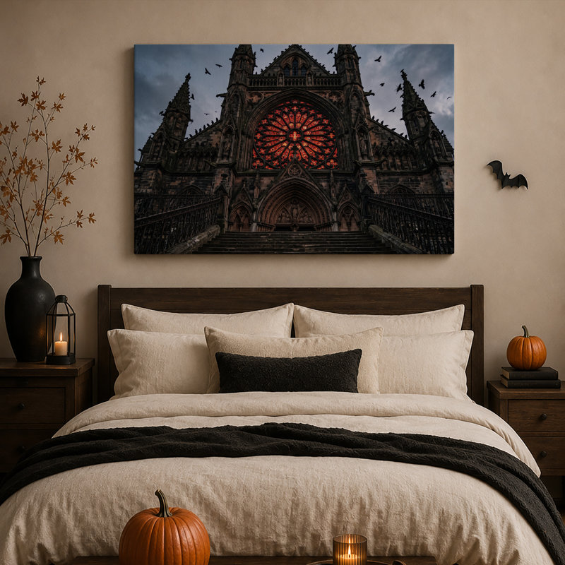 Cathédrale gothique avec fenêtre rose rouge et toile murale d'Halloween volante, 24"H x 36"W