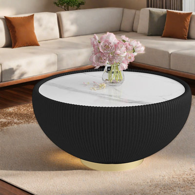 Tables de bout modernes, grand plateau rond en pierre frittée, base en métal à bord en cuir