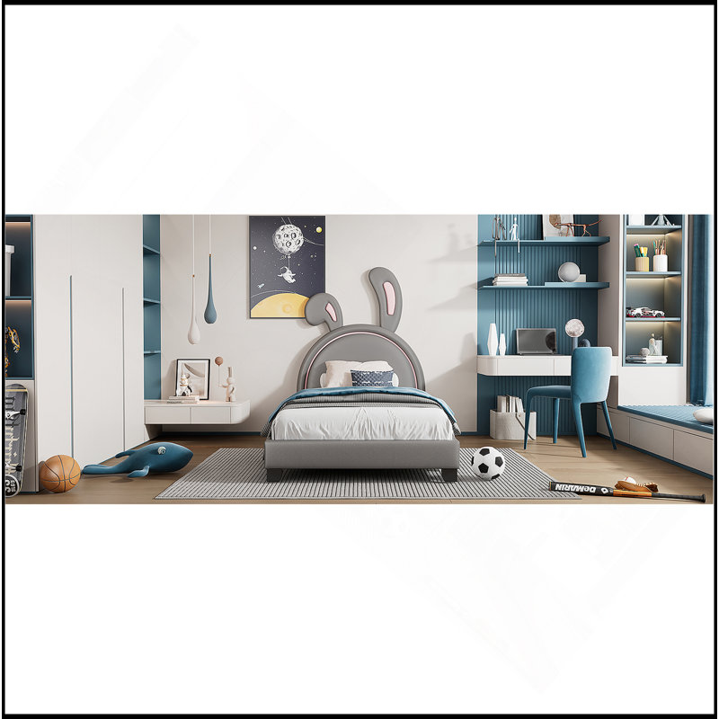 Lit plateforme tapissier en cuir avec ornement en forme de lapin, Gris, Lit simple