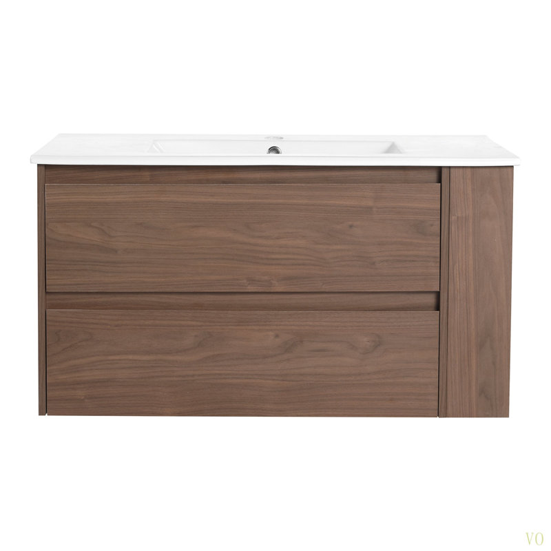 Meuble-lavabo mural 36 po avec lavabo en céramique, Chêne brun