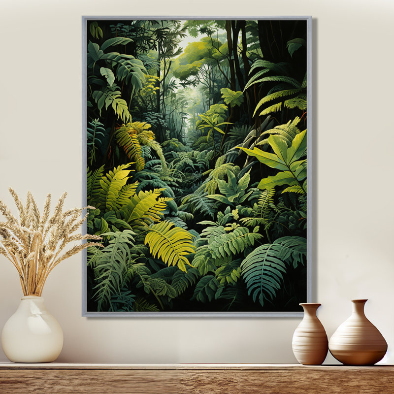 Fougères zariennes, forêt I - art mural fougères, H 40 po x l 30 po x P 1,5 po, Encadrement argenté