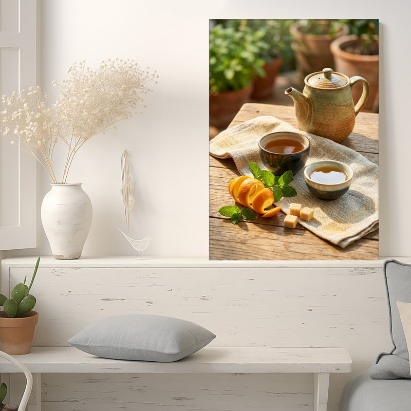 Théière en céramique avec tranches d'orange et feuilles de menthe sur toile, H 30 po x l 20 po