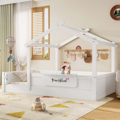 Lit simple au sol avec garde-corps et toit, lit pour enfant avec un petit plateau intégré et une enseigne à installation gratuite, conception enfantine, blanc