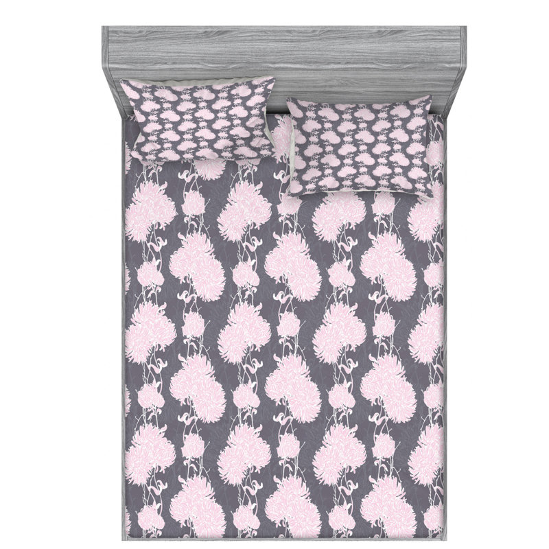 Microfiber Sheet Set, Queen Sheet Set with 2 Pillowcases, Pink/Gray Floral
