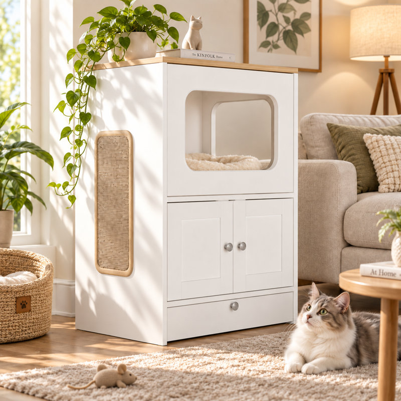 Meuble pour chat de 31,5 po de hauteur avec station d'alimentation extensible, grattoir et marches d'escalade