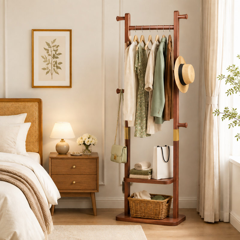 Porte-manteau en bois massif avec finition naturelle, portant à vêtements autoportant pour entrée, chambre et couloir