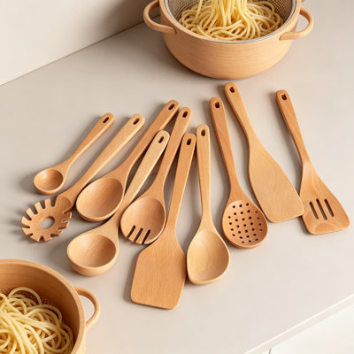 11-Piece Handmade Wooden Kitchen Utensil Set - Natural Beech Wood Spoons, Spatulas & Slotted Spoons for Cooking, Baking and Sauteing - Durable Eco-Friendly Utensils with Hanging Storage